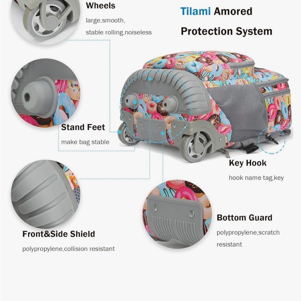 Tilami rolling backpack with matching lunch box. In new condition.